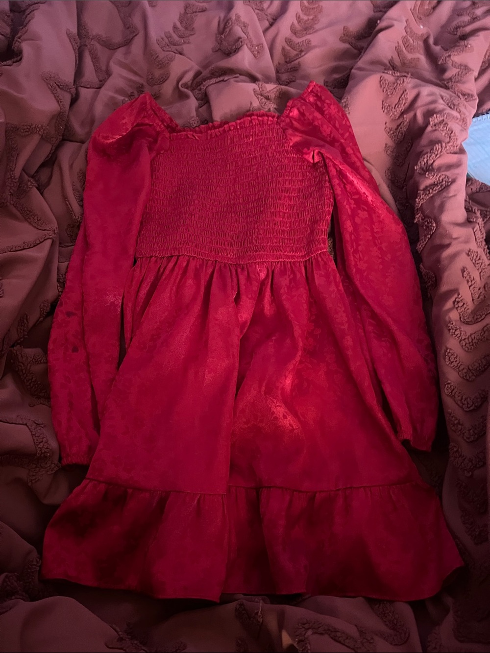 art class Red Smocked Long Sleeve Ruffle Hem Dress